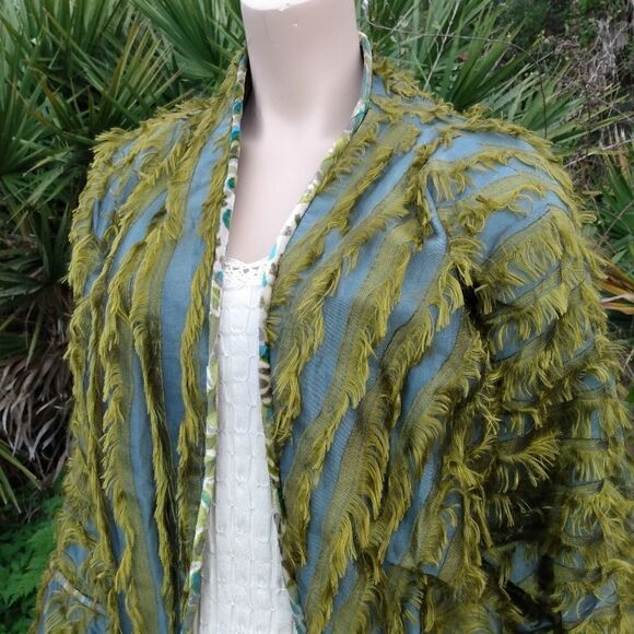 EUC VINTAGE ZONDA NELLIS Blue/Gray Satin with Olive Green Shag & Velvet Trim M - Picture 8 of 11